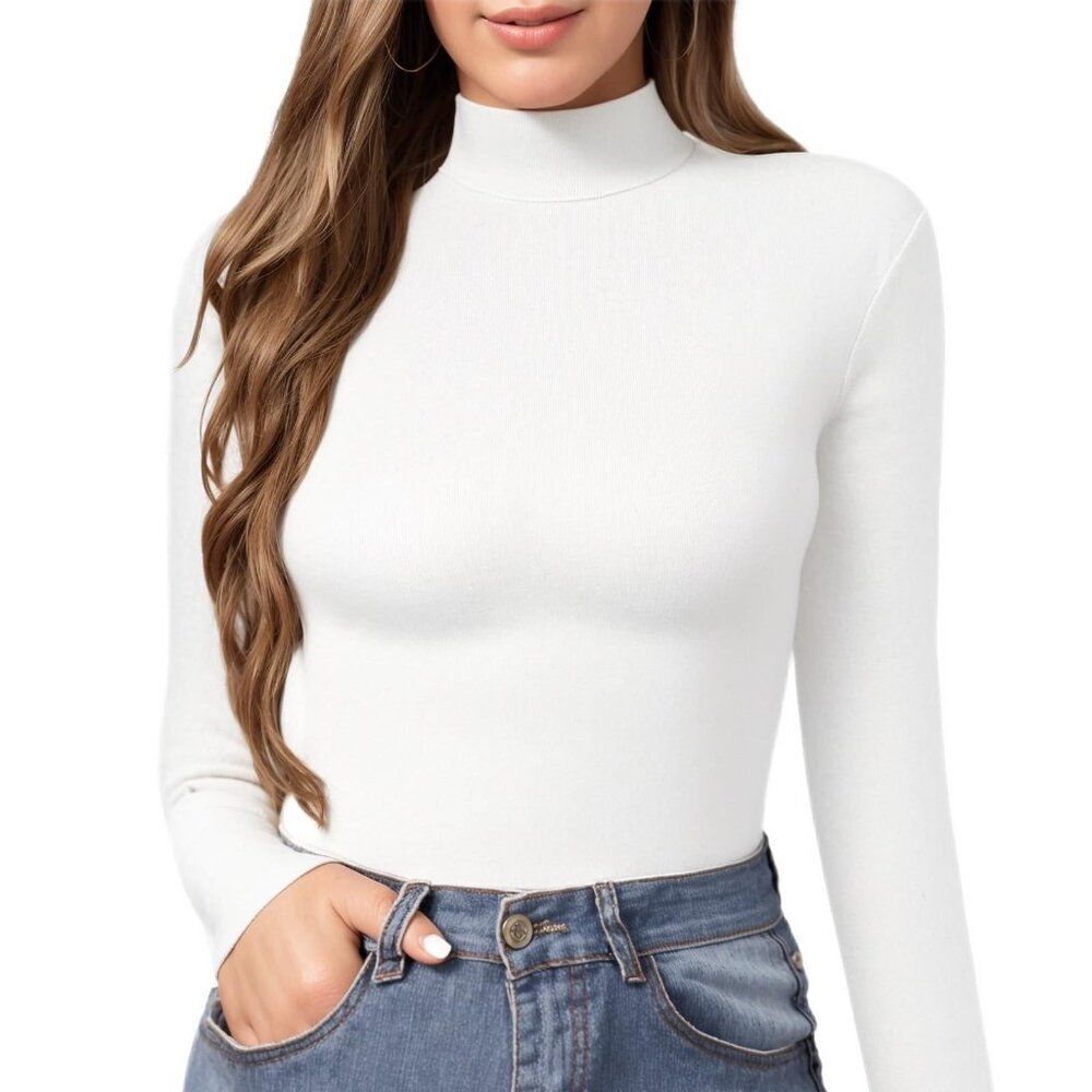 Women's Mock Turtle Neck Slim Fit Long Sleeve T Shirt Tight Tops Tee White